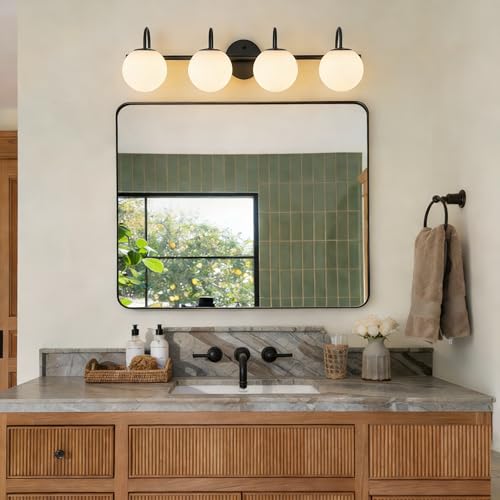Image of Globe Vanity Light, 31 inch Modern Gold Bathroom Light Fixtures Mid-Century Milk Glass Vanity Light 4-Light Wall Sconce Black