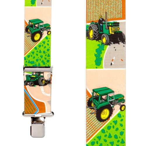Suspender Store Novelty Green Tractors Suspenders - 2-Inch Wide Elastic - X-Back - Gator Clip - 42
