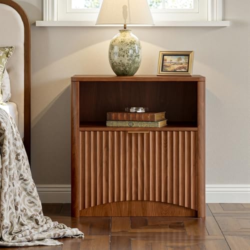 Image of Evermagin Fluted Nightstand Set of 2, Walnut Bedside Table with Drawer and Storage, Wood End Table Mid Century Modern, Large Night Stand for Bedroom