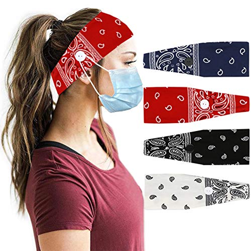 Headbands with Buttons for Mask Nurses Boho Headbands for Women Knotted Turban Head Wraps Bandana Elastic Hair Band 4 Pack Paisley