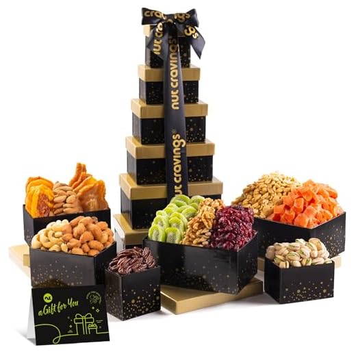 Nut Cravings Gourmet Collection - Holiday Christmas Dried Fruit & Mixed Nuts Gift Basket Black Tower + Ribbon (12 Assortments) Xmas Arrangement Platter, Birthday Care Package - Healthy Kosher USA Made