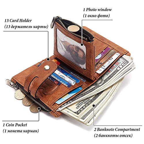 Image of boshiho Genuine Leather Bifold Chain Wallet for Men RFID Blocking | Heavy Duty Steel Anti-Theft Chain & 2 Zipper Coin Purse. Perfect for Bikers, Daily Commute, Gift for Dad /Husband