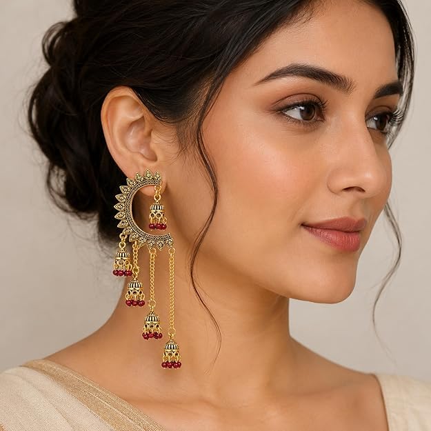 Image of WORLD CRAZE Multicolour long kashmiri jhumka for women chandbali earrings chand baliyan | kashmiri earrings for women | bahubali earrings stylish | Traditional Indian Festive Jewelry | Long Chain Tassels | Pearl Drop Latkan Jewellery (Multi colour)