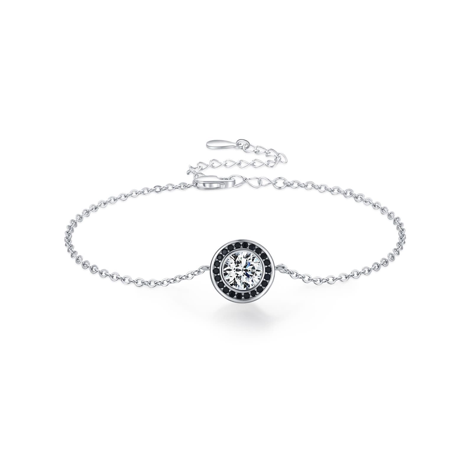 Bracciali Catena in Oro Bianco 9 K / 14 K / 18 K per Donna, Rotondo con Diamante Creato da 0,75 ct e Onice Nero, Regolabile 16 CM + 5 CM, Bracciali Catena Argento Nero Donna
