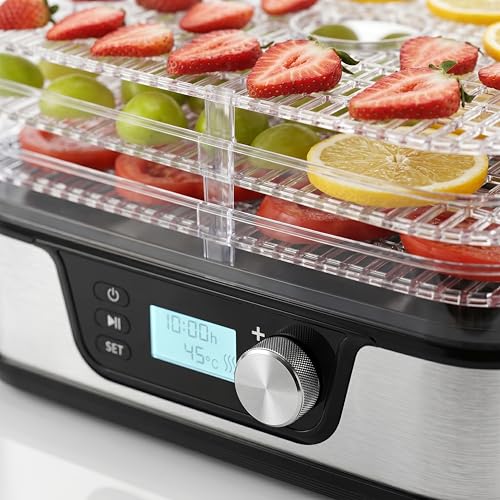 Foto von Arendo - Dörrautomat Edelstahl mit Temperaturregler - Edelstahl Dörrgerät für Lebensmittel Fleisch Früchte Gemüse - mit Timer bis zu 24 h - 35-75 Grad - 5 Einlegefächer - GS - Dehydrator - BPA frei