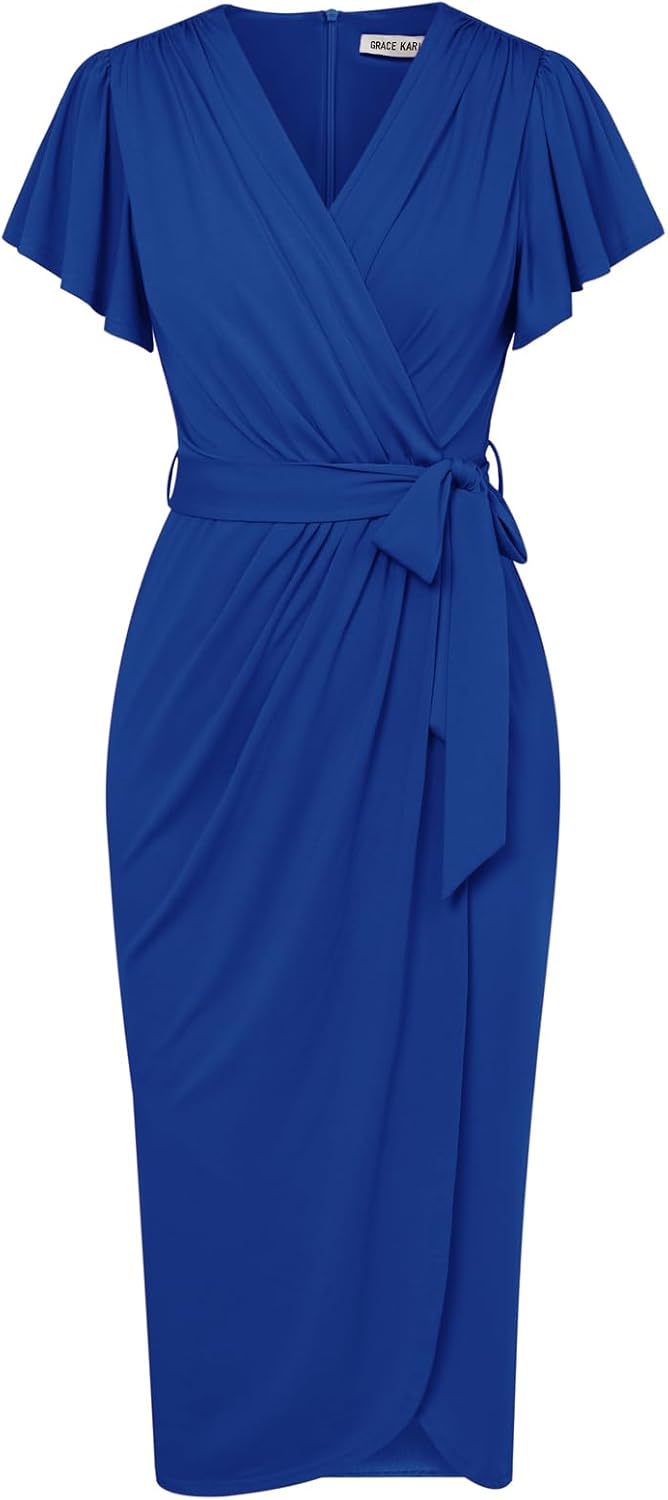 GRACE KARIN Vestido Bodycon Plisado Con Cinturón – Midi, Escote En V Cruzado, Mangas Cortas Con Volantes, Ideal Para Fiestas Y Eventos