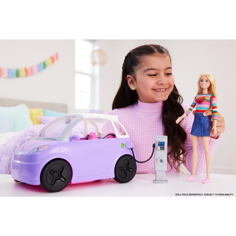 Barbie Voiture Violette Convertible avec Toit ouvrant, Véhicule électrique avec Station de Charge et Prise, Jouet Enfant, Dès 3 Ans, HJV36