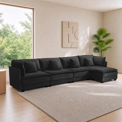 Image of Corduroy Sectional Couch, 4 Seater 149.2 inch L Shaped Cloud Couch with Ottoman, Modular Deep Seat Sofa with Pillows for Living Room, Apartment, Black