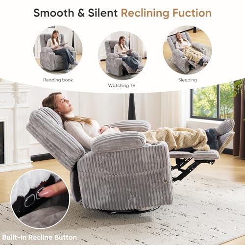 Image of Oversized Power Recliner Chair with Massage and Heat,Swivel Rocker Recliner Chair for Adults with Arm Storage,Nursery Glider Recliner with Adjustable Headrest and Side Pockets,Phone Stand,Light Grey