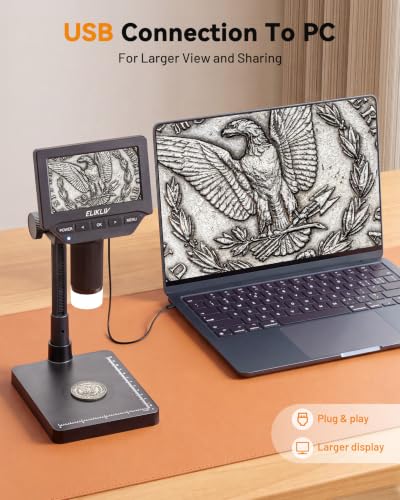 Image of Elikliv Microscope, 4.3'' Digital Coin Magnifier with Lights for Adults | IPS Screen,1080P Resolution, 8'' Stand, Built-in Battery, Great Magnification, Save Photos & Videos, Mac Windows Compatible