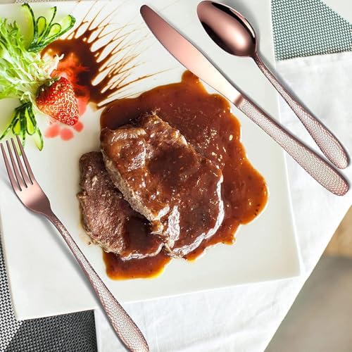 Image of aDai Hammered Rosegold Silverware Set | 10-Piece Premium Stainless Steel Flatware Set | Dishwasher Safe Cutlery Set for Home, Restaurant & Gifting
