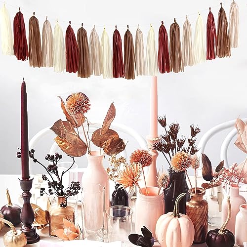 Image of Brown Burgundy Champagne-Gold Party-Decorations - 30pcs Rustic Boho Wedding Tissue Pom-Poms Streamers ,Fall Autumn Tassel Garland Banner,Birthday Baby Bridal Shower Engagement Decor Lasting Surprise