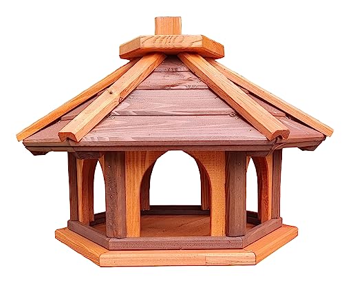 Mangeoire pour oiseaux en bois hexagonale, station d'alimentation pour oiseaux sauvages à poser pour le jardin (Marron+Rouge)
