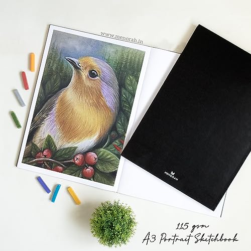 Image of MENORAH Paper A5 - Sketch Book for Artist - 115 GSM (160 Pages / 80 Sheets) - Artist Drawing Book - (21.0Cm X 14.8Cm) - Hard Case Bound - Completely Handmade-Portrait- Black, Watercolor
