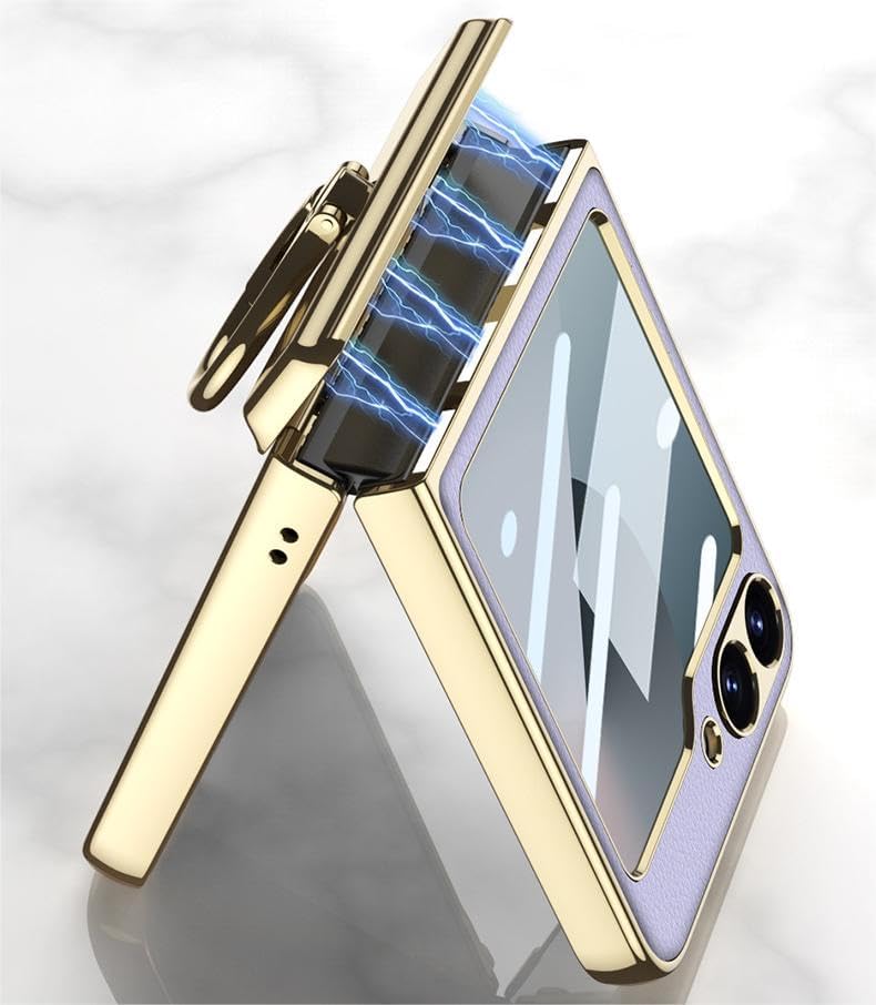 Magnetic Folding Litchi Leather Case for Samsung Galaxy Z Flip 6, All-Inclusive Phone Protective Cover for Flip6, Anti-Drop Shell with A Electroplating Ring (Black,for Flip 6)