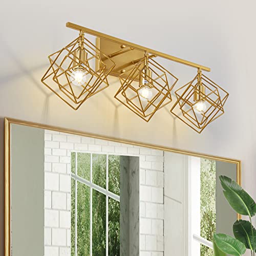 BEHIYA Bathroom Vanity Light with 3 Bulbs Bathroom Light Fixtures Over Mirror with 3 Rotatable Cube Shades Modern Wall Mounted Brushed Brass Gold