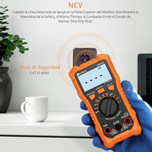 Neoteck Multimetro Digital 2000 Conteos PolÃmetro Tester Electricista para Corriente CA/CC Tensión Resistencia Capacitancia NCV FrecuenciaTemperatura con Pinza de Cocodrilo - Imagen 5