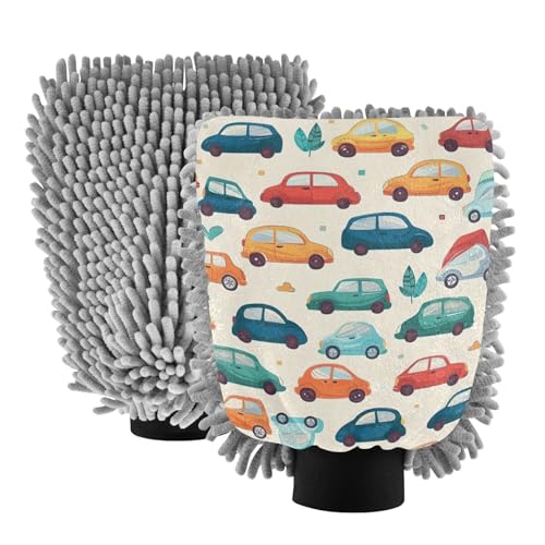 IOACIY Absorbent Microfiber Car Wash Drying Mitts, 2 Pack, Scratch-Free & Lint-Free, Rich Foam, Highly Absorbent, Double Sided, Wash Mitt Perfect for Car Washing, M, Cartoon Car Pattern (8)