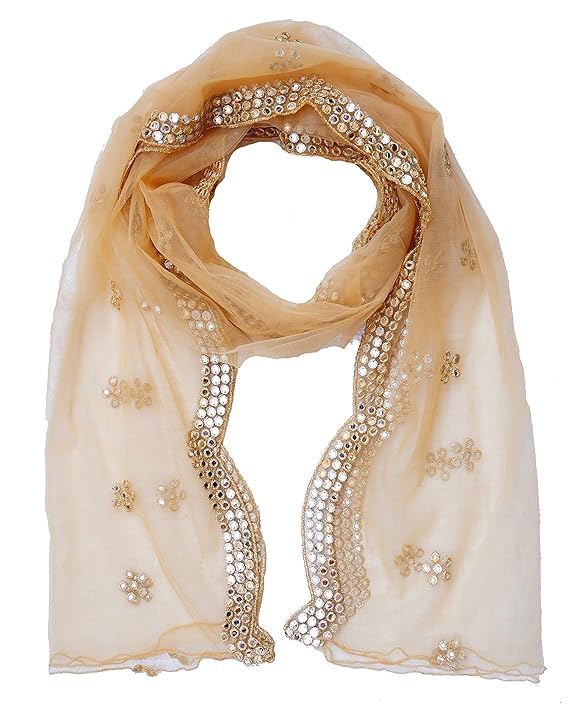 2.25Meter Net Fabric Embroidered Stylish Curve Plastic Mirror Work Embellished Indian Dupatta Chunni For Women Girls