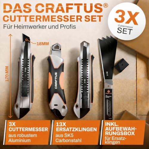 CRAFTUS 3x Cuttermesser Profi aus Aluminium inkl. 13x Carbonstahl Klingen – Ansicht 2