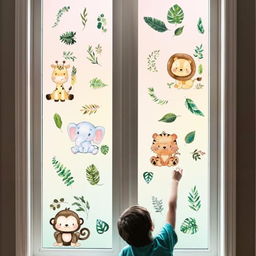 PLIGREAT 6 folhas folhas folhas verdes autocolantes para janelas, animais bonitos autocolantes estáticos para janelas, removíveis autocolantes para janelas de sala de estar quarto portas de correr