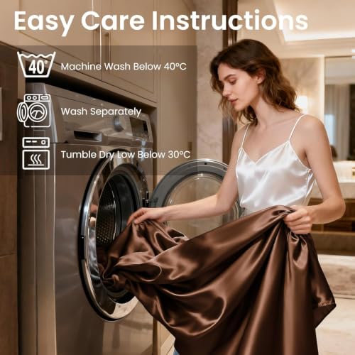 Image of Love's cabin Satin Queen Sheets Set - 4 Piece Brown Silky Bed Sheets with Deep Pocket, Luxury Silk Feel Satin Queen Size Sheet Set (1 Flat Sheet,1 Fitted Sheet,2 Pillow Cases)