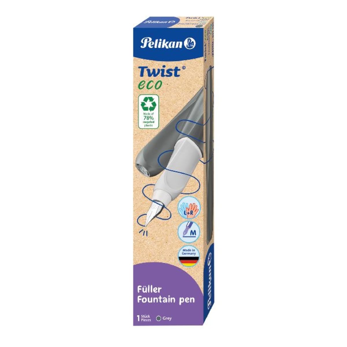 Twist® eco Fountain Pen for Right and Left-Handed Users, Grey, Nib M, Pack of 1