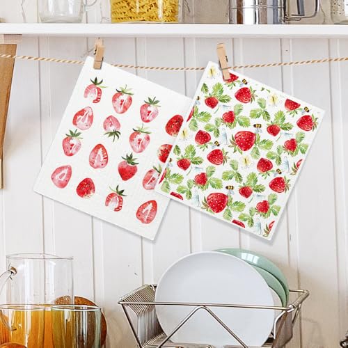 Strawberry Fruit Swedish Dishcloths 2 Pack, Reusable Cellulose Sponge Cloths for Kitchen Cleaning, Cute Printed Dish Rags for Kitchen Washing Dishes and Counters