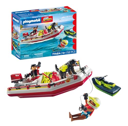 PLAYMOBIL Action Heroes 71464 Barco de bombeiros com mota aquática, resgate emocionante, com óculos de mergulho e barbatana, jogos de RPG imaginativos e divertidos, brinquedos para crianças a partir