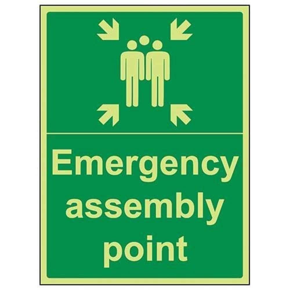 VSafety 17016BC-G "Emergency Fire Assembly Point" Sign, Glow In Dark, 1 mm Plastic, Portrait, 300 mm x 400 mm, Green