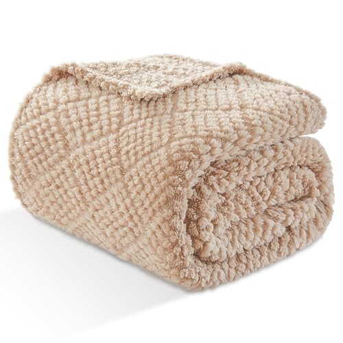 Image of EMME Fleece Blanket, 3D Jacquard Throw Blanket for Couch and Bed, Soft Cozy and Fluffy Blankets Lightweight Luxury Flannel with Waffle Design (Beige, 80 inch x 90 inch)
