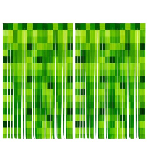 Miner Theme Green Pixel Foil Tassel Curtains, Video Game Door Streamers for Gaming Birthday Party Decorations, 2 Pack Green Foil Fringe Curtains Pixel Birthday Backdrop