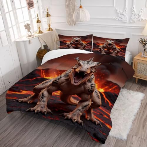 Image of King Size Dinosaur Comfortr Set Boys Kids Bedding Set Room Decor | Scary Monster Dinosaur 3 Piece Bedding Set for Boys Teens, Soft Microfiber All Season Bed Set with 1 Comforter 2 Pillowcases