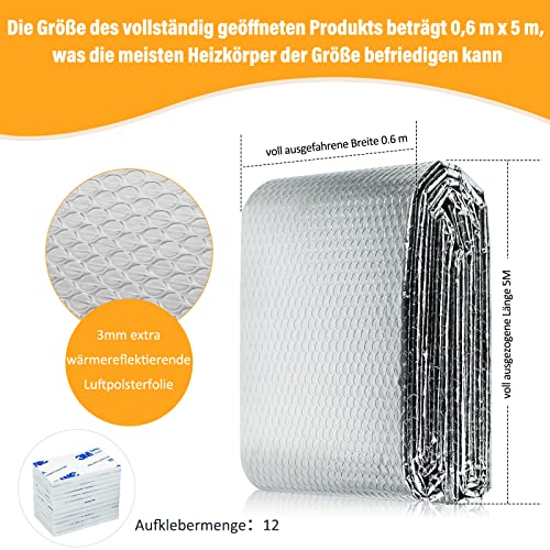 bonna Heizkörper Reflexionsfolie 5M x 0,6m x 3mm,Isolierfolie Dämmfolie Reflexionsfolie für Heizkörper Isolierung Hinter Heizkörper