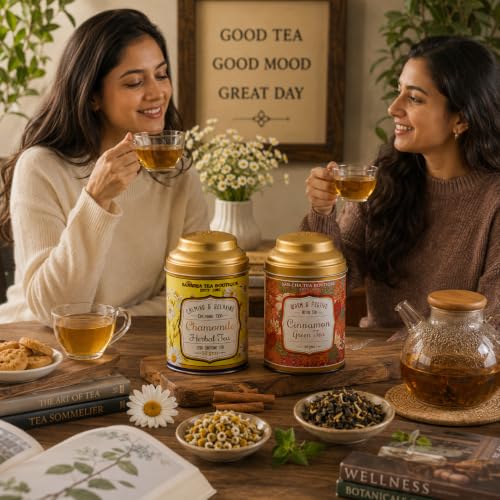 Image of Sancha Tea Boutique, Tea Combo Pack: Chamomile Herbal (50g) & Cinnamon Green (100g), Caffeine-Free Calming Tisane & Spiced Wellness Green Blend