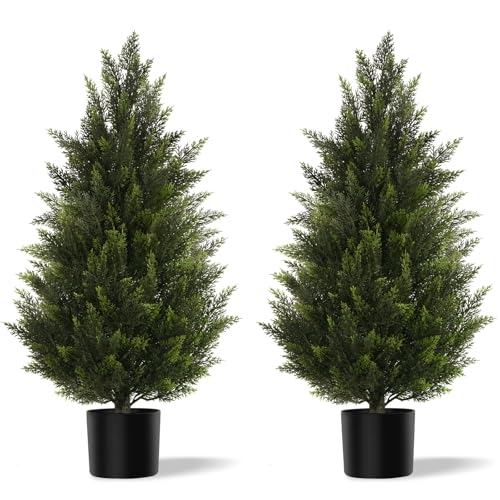 Artificial Topiary Cedar Trees 3FT Tall 2 Set, Outdoor Indoor Faux Pine Shrubs Plants, Realistic Fake Plants Front Porch Decor, Artificial Bushes Cypress for Home Front Door Offices