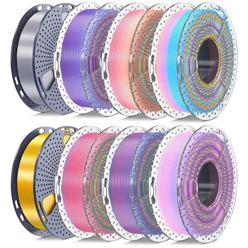 Image of SUNLU Silk PLA+ Filament 1.75mm Multicolor 250gx8, Silky Glossy PLA Plus 3D Printer Filament Bundle for Bambu Lab 3D Printers, 6 Rainbow Series+Gold+Silver