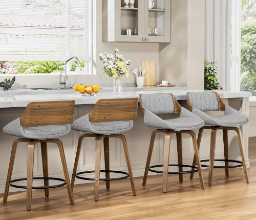 Image of YaFiti Bar Stools Set of 8, 26 inch Swivel Counter Height Barstools with Bentwood Back and Legs, Mid Century Modern Upholstered Fabric Counter Stools for Kitchen Island, Dining Room, Gray