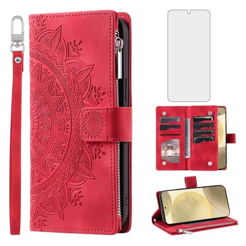 Étui portefeuille Samsung S24 5G avec protection écran verre trempé et fentes cartes Mandala