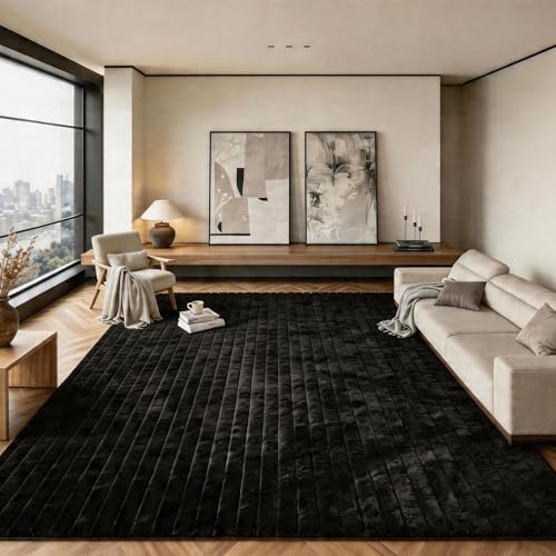 Tapete de peluche negro con rayas 8'x10' para habitación infantil miniatura 1