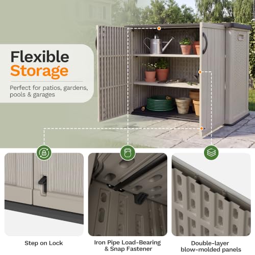 Image of Devoko 26 Cu Ft Resin Outdoor Storage Cabinet with Lockable Doors, Beige | Horizontal Storage Shed Waterproof Patio Tools Storage Box, Easy to Assemble for Backyards,Patios, Pools, Gardening Tools