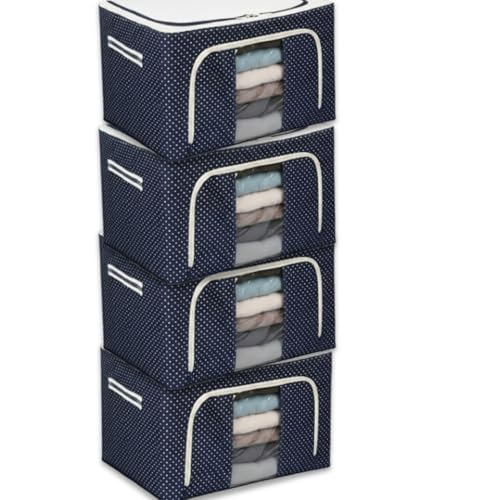 Raggle 10 PCS Polycotton Clothes Storage Organizer Bins, Foldable Storage Bins-Cloth Steel Frame Storage Box For Clothing Storage With Foldable Clear Handles 50 * 40 * 30Cm (Blue, 66L-10)