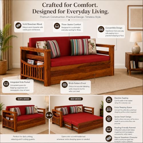 Image of Douceur Furnitures Solid Sheesham Wooden 3 Seater Sofa Cum Bed with Mattress,Cushions & Side Pockets,Wood Foldable Convertible Sofa 3 Seater Diwan Cum Bed for Living Room & Office|Honey Finish