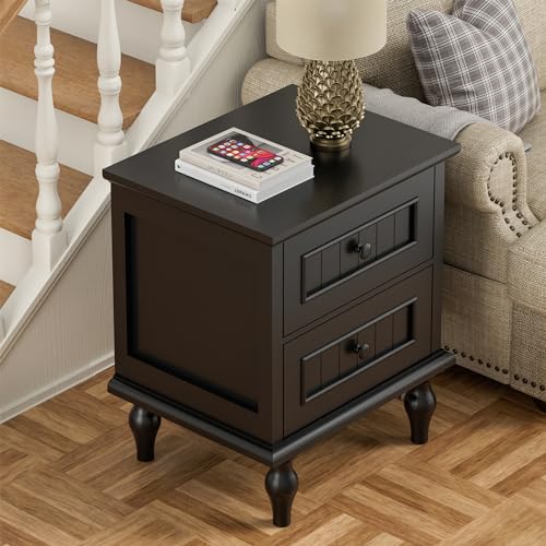 Image of Black Nightstand Set of 2, Vintage Bedside Tables with Drawers for Bedroom | Small End Table, 2 Night Stands, Farmhouse Style, Painted Finish, Solid Wood Legs, Easy Assembly, 2 Drawers