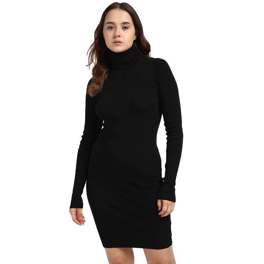 Calvin Klein Donna Abito in Maglia Woven Label Tight Sweater Dress con Collo Alto, Nero (CK Black), XXS