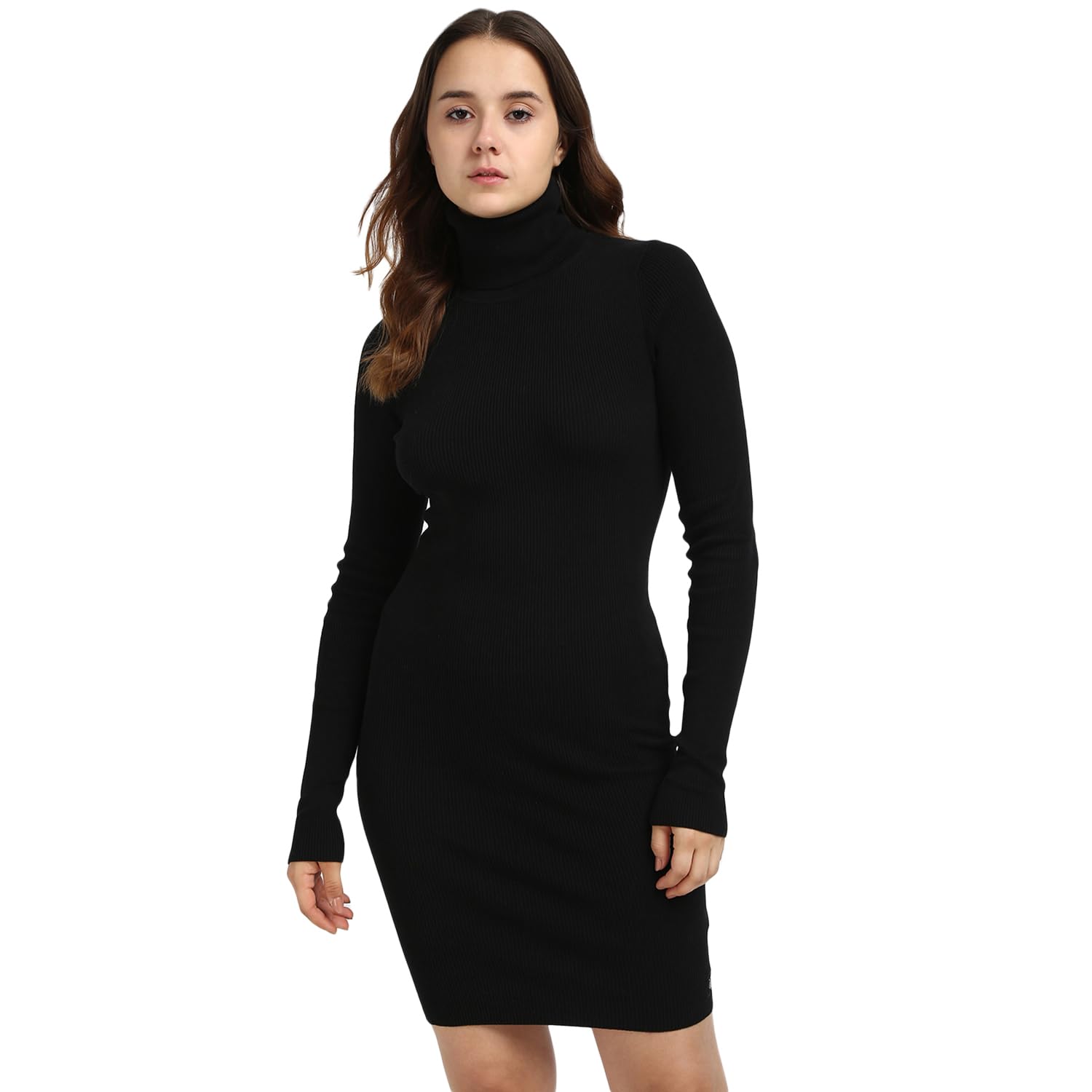 Calvin Klein Damen Pullover-Kleid Woven Label Tight Sweater Dress mit Rollkragen, Schwarz (Ck Black), XXL