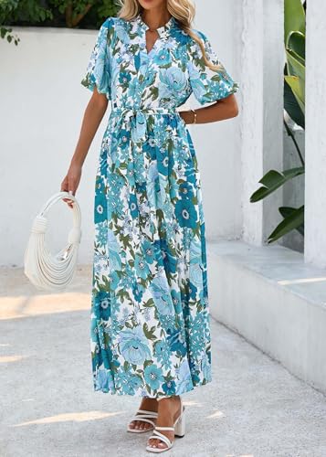 Image of KIRUNDO Women Spring Summer Wedding Guest Boho Floral Maxi Dress Puff Sleeve Button Shirt V Neck Flowy Beach Vacation Dress