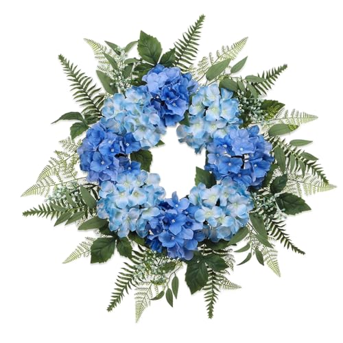 26 Inch Hydrangea Spring Wreaths for Front Door Blue Hydrangea Wreath Artificial Door Wreaths Spring Summer Decor with Fern Leaves for Indoor Outdoor Home Wall Porch Window or Wedding Decoration
