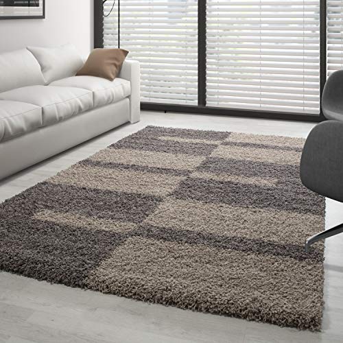 Carpettex Hochflor Teppich Wohnzimmer Shaggy Flokati Teppich Modern Kariert Design 140 x 200 cm...