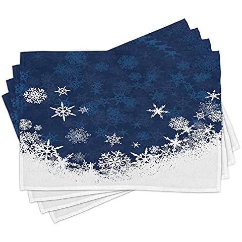 Lunarable Snowflake Place Mats Set of 4, Winter Theme Christmas Illustration Cold Weather Season Inspired Celebration, Washable Fabric Placemats for Dining Table, Standard Size, White Indigo Cover